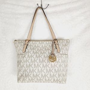 Michael Kors Jet Set EW Signature Top Zip Vanilla PVC Tote purse bag MK